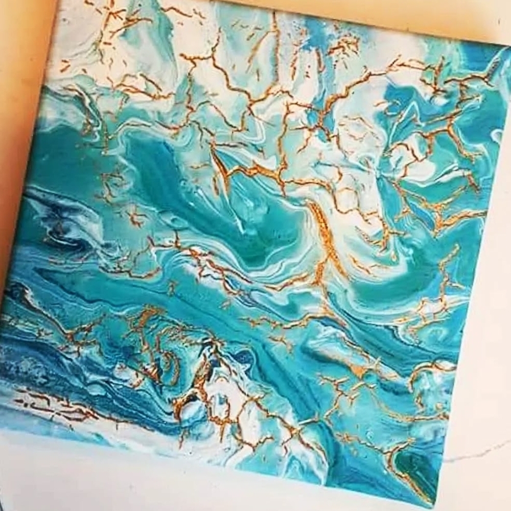 Healing Cracked Waters.                 Abstract Teal and Gold Canvas Art